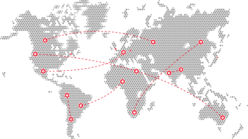 A map of the world with red dots on it.