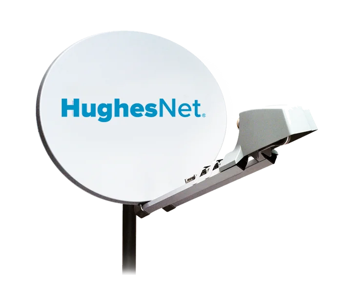 A white dish with the hughesnet logo on it.